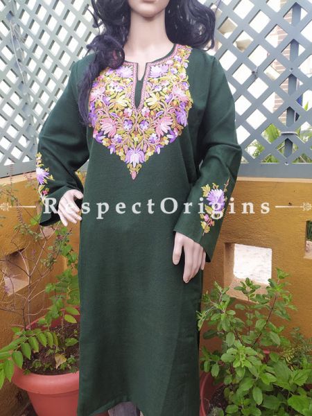 Pashmina Wollen Pheran Green Top with Tilla Embroidery; Free Size; RespectOrigins.com