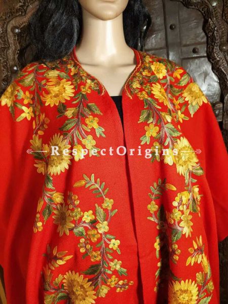 Ariwork Embroidered Red Cape Shawl on Semi- Pashmina Wool; Free Size; RespectOrigins.com