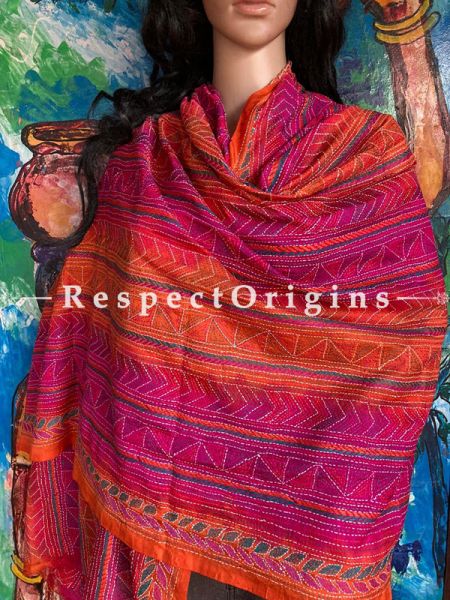Gorgeous Silken Kantha Embroidered Orange and Pink Stole, Dupatta, Shawl; RespectOrigins.com