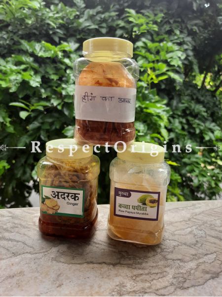 Combo of Pure Natural Organic Homemade Ginger,Raw Papaya Murabba & Hing Pickle Achar; 300 Gms Each; RespectOrigins.com