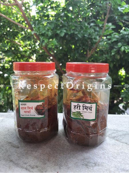 Combo of Pures Natural Organic  Homemade Red & Green Chilli Pickle Achaar; 400 Gms Each; RespectOrigins.com