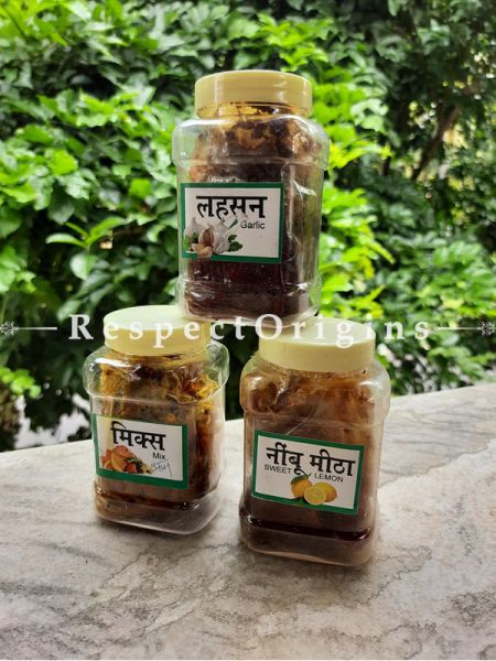 Combo of Pure Natural Organic Homemade Garlic,Mixed Vegetable & Sweet Lemon Pickle Achaar; 300 Gms Each; RespectOrigins.com