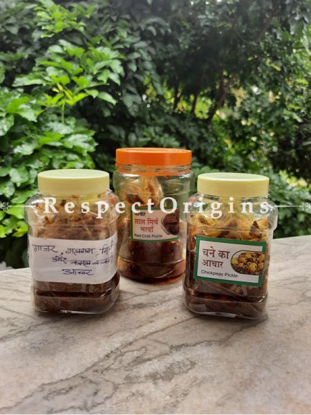 Combo of Pure Natural Organic Homemade Red Chilli,Chickpeas ,Mixed vegetable of Turnip Carrot Nadru or Lotus Stem & Chilli Pickle or Achaar; 300 Gms Each; RespectOrigins.com