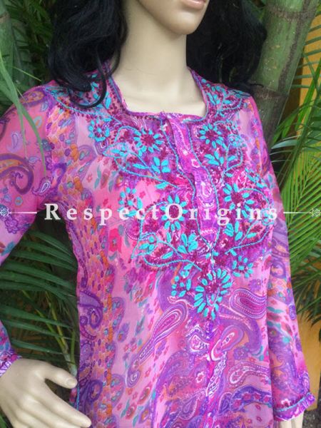 Pink And Purple Short Chiffon Kurti With Blue And Maroon Color Chikankari Embroidery Work; RespectOrigins.com
