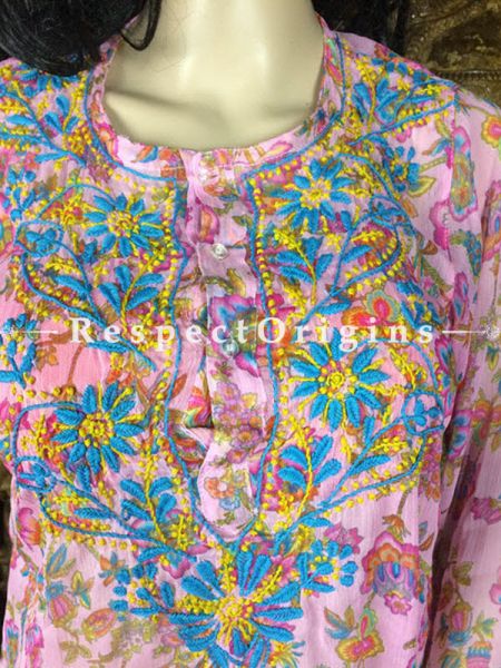 Kurti; Ladies Chiffon Pink base floral pattern; Chikankari Embroidery.RespectOrigins.