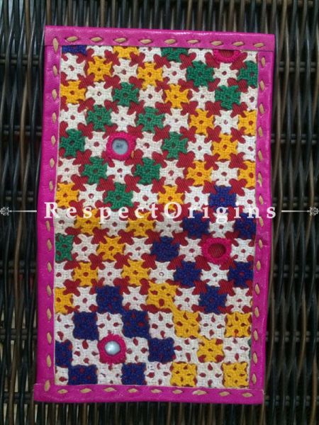 Visiting Card Holders; Genuine Handcrafted Leather; Blue, Yellow & Green On Pink Kutchi Embroidery; RespectOrigins.com