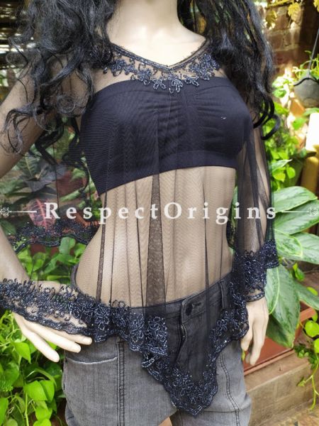 Black Net Handcrafted Beaded Poncho or Shrug for Evening Gowns or Dresses at Respectorigins.com