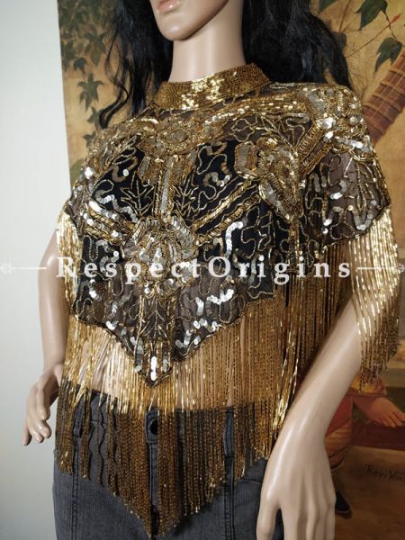 Designer Handcrafted Fabulous Black and Gold Gotta Patti Sequins Bolero Style Top Poncho Shrug for Ladies Formal Cocktail Evening Gown; Free-size-Mu-50171-69430