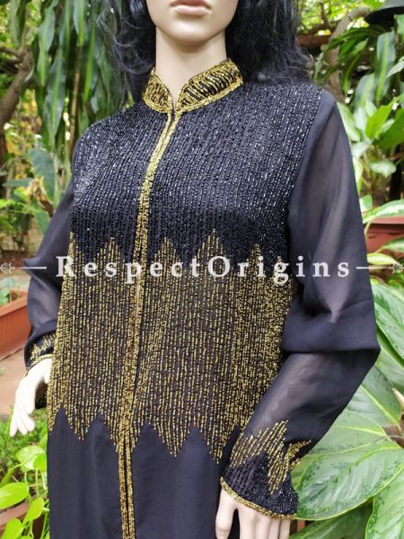 Scintillating Black Flowing Georgette Evening Gown with Beadwork and Front Closure. Large.; RespectOrigins.com