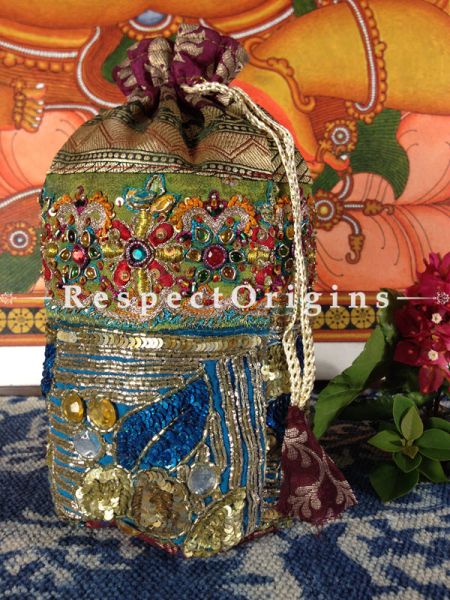 Vintage Benarasi Potli Drawstring Pouch Bags;length  10 X width 6 Inches at respect origins.com