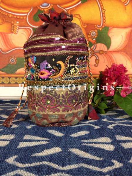 Vintage Benarasi Potli Drawstring Pouch Bags;length  10 X width 6 Inches at respect origins.com