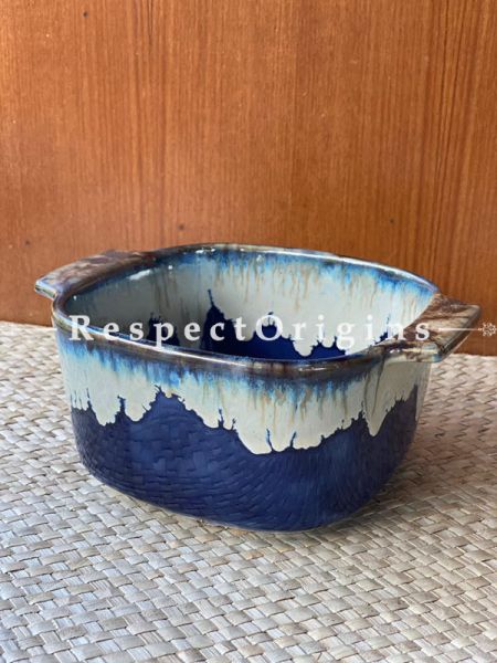 Hand Painted Ceramic Khurja Pottery Serving/Snacks/Dessert Multi Purpose Bowl with Handle; RespectOrigins.com