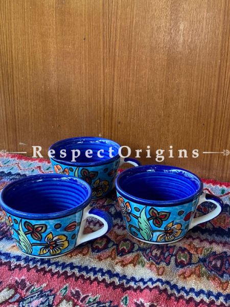 Handmade Khurja Pottery Ceramic Tea Cups or Coffee Mugs; Set of 3; RespectOrigins.com
