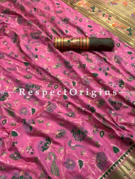 Pure Kanchipuram Silk Saree in Rose Pink Color,Full Body Weaving With Contrast Running Blouse.; RespectOrigins.com