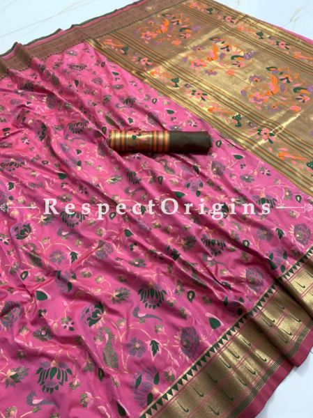 Pure Kanchipuram Silk Saree in Rose Pink Color,Full Body Weaving With Contrast Running Blouse.; RespectOrigins.com