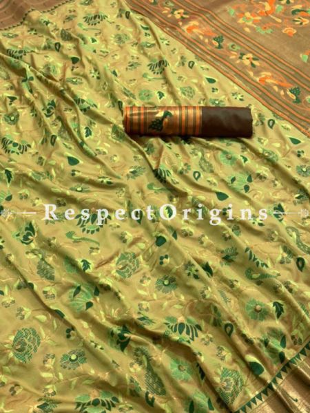 Pure Kanchipuram Silk Saree in Mustard Color,Full Body Weaving With Contrast Running Blouse.; RespectOrigins.com