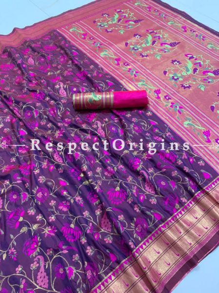 Purple Pure Kanchipuram Silk Saree,Full Body Weaving With Contrast Running Blouse.; RespectOrigins.com