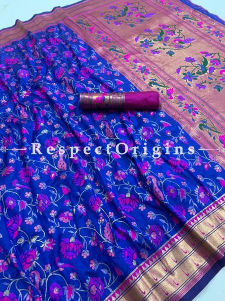 Pure Kanchipuram Silk Saree in Indigo Color,Full Body Weaving With Contrast Running Blouse.; RespectOrigins.com