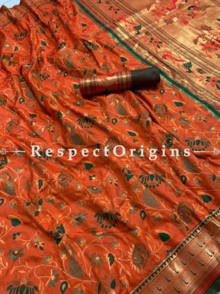 Orange Pure Kanchipuram Silk Saree,Full Body Weaving With Contrast Running Blouse.; RespectOrigins.com