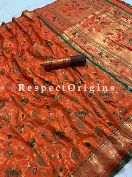 Orange Pure Kanchipuram Silk Saree,Full Body Weaving With Contrast Running Blouse.; RespectOrigins.com