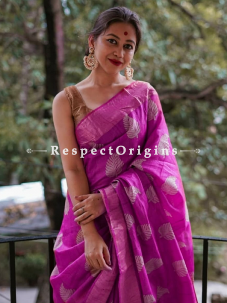 Pink Handwoven Pure Muga Tussar Silk Saree ; 5.5 Meters Length ; 120 Thread Count ; Blouse Included; RespectOrigins.com