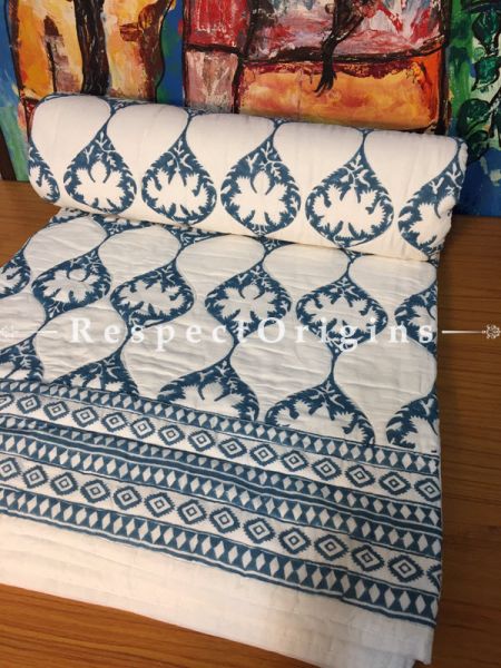 Tulip Hand Block Printed Luxury Rich Cotton Filled King Size Jaipuri Razai or Quilt In White; 108 X 90 Inches  ; RespectOrigins.com