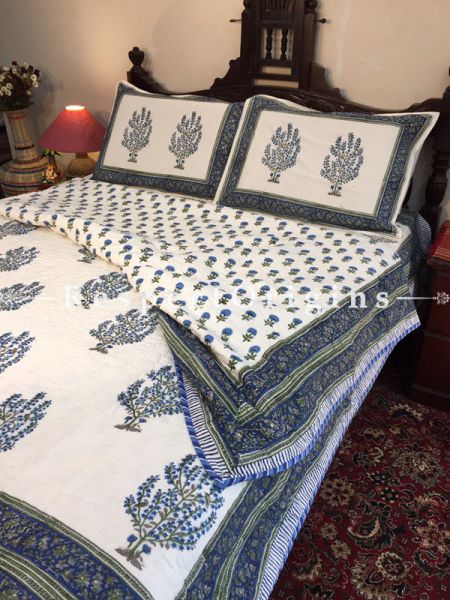 Lovely & Rich Cotton Filled Reversible Hand Block Printted King Size Dohar Or Comforter or Quilt or Blanket,Bed Spread,White Base with Blue  Floral Country Motifs; Blanket 105 X 90 Inches, Sheet 105 X 90 Inches, Shams 30 X 20 Inches; RespectOrigins.com