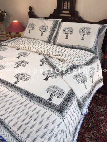 Attractive & Rich Cotton Filled Reversible Hand Block Printted King Size  Dohar Or Comforter or Quilt or Blanket,Bed Spread, White Base with Country Tree Motifs; Blanket 105 X 90 Inches, Sheet 105 X 90 Inches, Shams 30 X 20 Inches; RespectOrigins.com