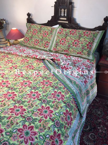 Radiant & Luxurious Rich Cotton Filled Reversible Hand Block Printted King Size Colorful Dohar Or Comforter or Quilt or Blanket,Bed Spread,Red Floral Motifs; Blanket 105 X 90 Inches, Sheet 105 X 90 Inches, Shams 30 X 20 Inches; RespectOrigins.com