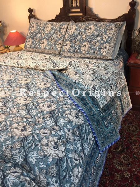 Striking & Luxurious Rich Cotton Filled Reversible Hand Block Printted King Size  Dohar Or Comforter or Quilt or Blanket,Bed Spread,Floral Motifs; Blanket 105 X 90 Inches, Sheet 105 X 90 Inches, Shams 30 X 20 Inches; RespectOrigins.com