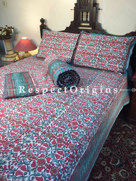 Vibrant  & Luxurious Rich Cotton Filled Reversible Hand Block Printted King Size  Dohar Or Comforter or Quilt or Blanket,Bed Spread,Red Floral Motifs; Blanket 105 X 90 Inches, Sheet 105 X 90 Inches, Shams 30 X 20 Inches; RespectOrigins.com