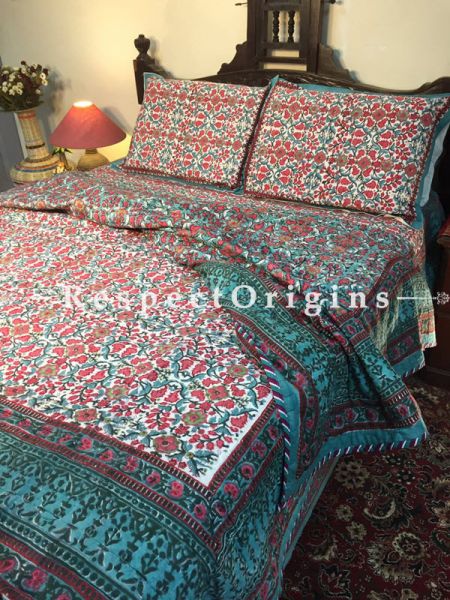 Vibrant  & Luxurious Rich Cotton Filled Reversible Hand Block Printted King Size  Dohar Or Comforter or Quilt or Blanket,Bed Spread,Red Floral Motifs; Blanket 105 X 90 Inches, Sheet 105 X 90 Inches, Shams 30 X 20 Inches; RespectOrigins.com