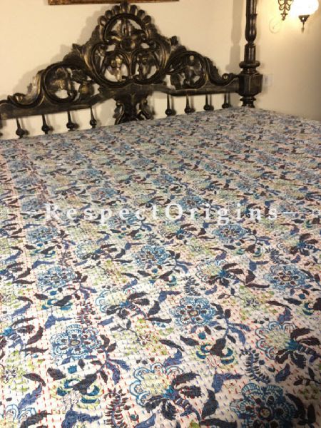 Buy Quilted Cotton Bedspread in Beige Base with Hand Block Print Floral Design and Kantha Work; 3 Cushion Covers included; 90x108 in At RespectOrigins.com