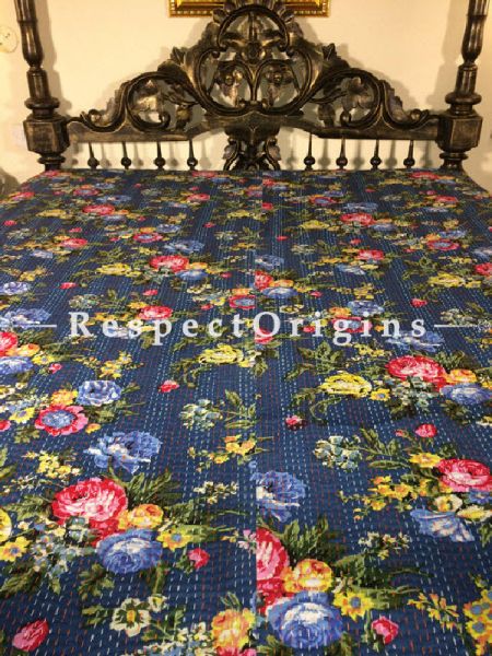 Buy Quilted Cotton Bedspread in Blue Base with Hand Block Print Floral Design and Kantha Work; 3 Cushion Covers included; 90x108 in At RespectOrigins.com