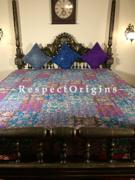 Buy Quilted Cotton Bedspread in blue Base with Striking floral Design in patchwork and Kantha Work; 3 Cushion Covers included; 90x108 in At RespectOrigins.com