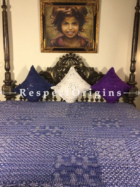 Buy Quilted Cotton Bedspread in blue Base with Striking geometrical Design in patchwork and Kantha Work; 3 Cushion Covers included; 90x108 in At RespectOrigins.com