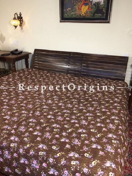 Buy Quilted Cotton Bedspread in Brown Base with Hand Block Print Floral Design and Kantha Work; 3 Cushion Covers included; 90x108 in At RespectOrigins.com