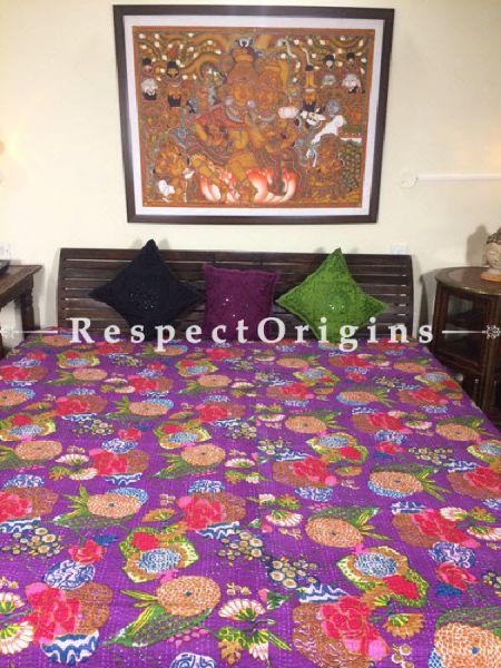 Buy Quilted Cotton Bedspread in Pink Base with Striking Floral Design and Kantha Work; 3 Cushion Covers included; 90x108 in At RespectOrigins.com