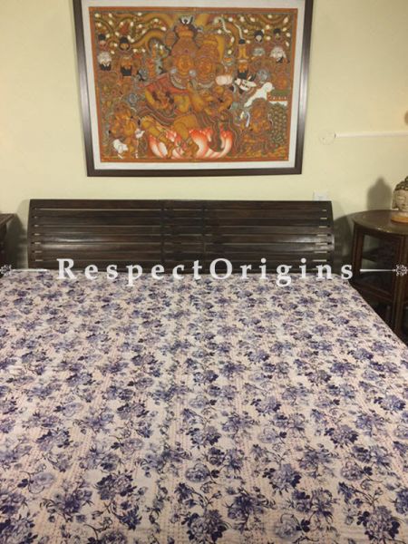 Buy Quilted Cotton Bedspread in White Base with Striking blue Floral Design hand block Print and Kantha Work; 3 Cushion Covers included; 90x108 in At RespectOrigins.com