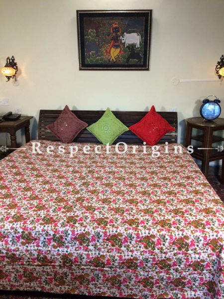 Buy Quilted Cotton Bedspread in white Base with Striking Floral Design hand block Print and Kantha Work; 3 Cushion Covers included; 90x108 in At RespectOrigins.com