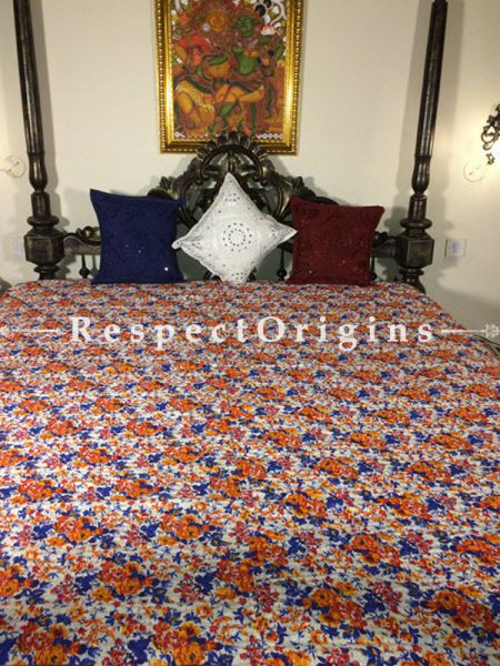 Buy Quilted Cotton Bedspread in White Base with Striking orange Flower and blue leaf Design hand block Print and Kantha Work; 3 Cushion Covers included; 90x108 in At RespectOrigins.com