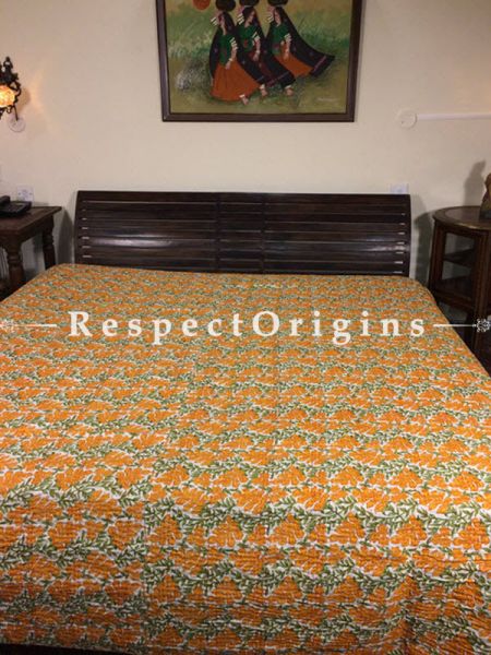 Buy Quilted Cotton Bedspread in white Base with Striking orange Flower and leaf Design hand block Print and Kantha Work; 3 Cushion Covers included; 90x108 in At RespectOrigins.com