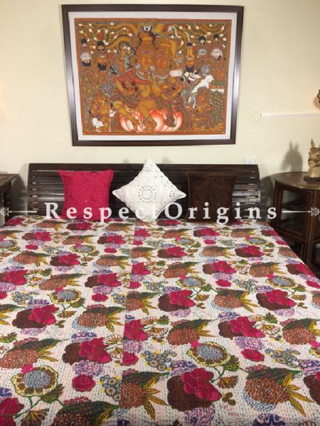 Buy Quilted Cotton Bedspread in white Base with Striking Floral Design and Kantha Work; 3 Cushion Covers included; 90x108 in At RespectOrigins.com