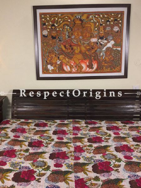 Buy Quilted Cotton Bedspread in white Base with Striking Floral Design and Kantha Work; 3 Cushion Covers included; 90x108 in At RespectOrigins.com