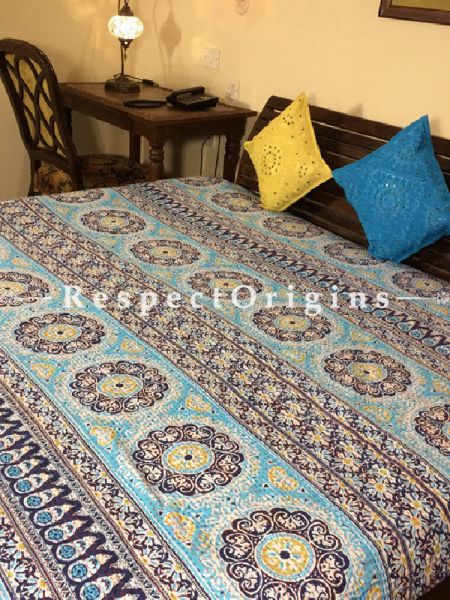Buy Quilted King Size Cotton Bedspread in light blue Base With Hand Block circular and geometrical Print and Kantha Work; 3 Cushion Covers included; 90x108 At RespectOrigins.com