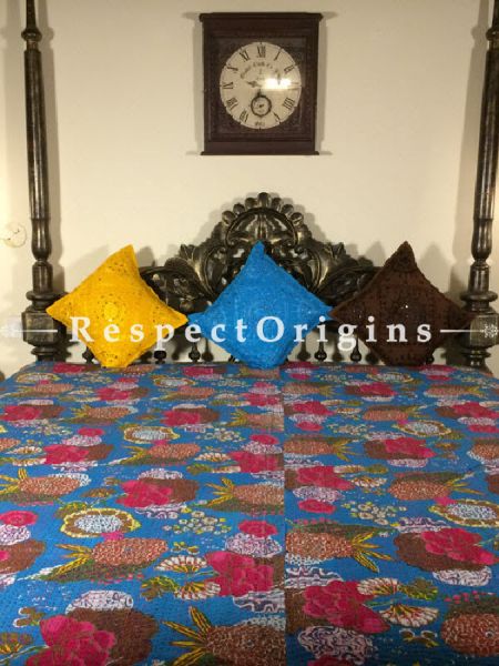 Buy Quilted King Size Cotton Bedspread in Blue Base With Hand Block Print Floral Dahlia Design and Kantha Work; 3 Cushion Covers included; 90x108 At RespectOrigins.com