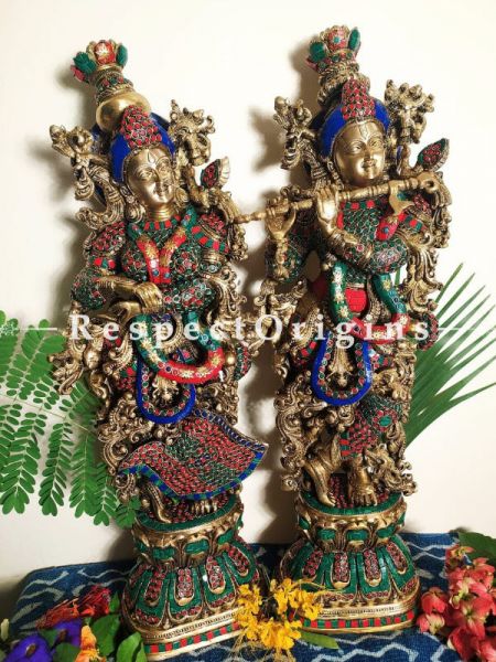 Radha Krishna Bronze Brass Idol Statues With Stone Inlay; Krishna 31 In & Radha 30 In.