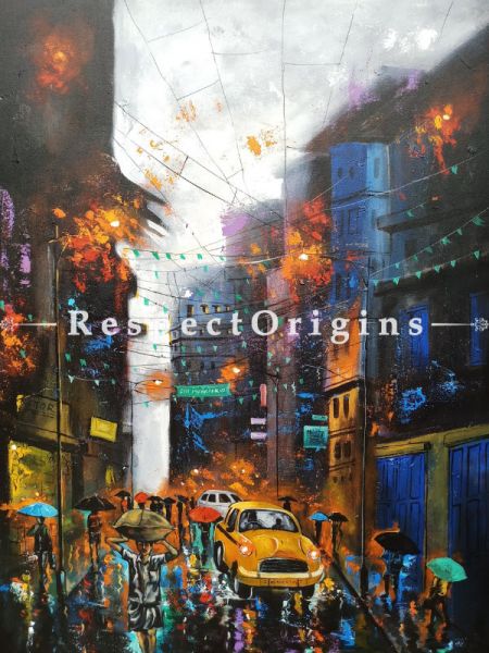 Vertical Art Painting of Rainy day in kolkata 11 ;Acrylic on Canvas; 32in X 42in at RespectOrigins.com