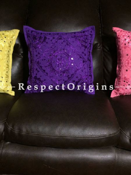 Buy Square Cotton Cushion Cover; Set of 3; Rajasthani Embroidery With Mirror Work; 16x16 in; Purple Hot Pink Yellow At RespectOrigins.com