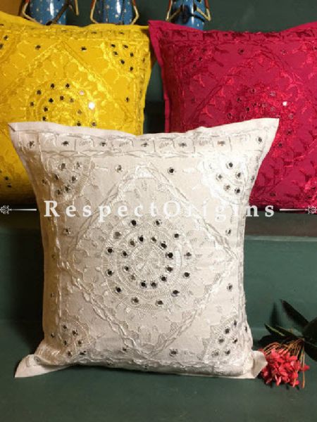 Buy Suhani Square Cotton Cushion Cover Set of 3; Rajasthani Embroidery With Mirror Work; 16x16 in; White Pink Yellow At RespectOrigins.com